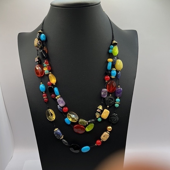 Colorful Beaded knotted Necklace with gold tone spacers - Picture 7 of 10